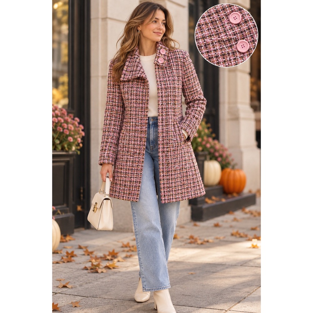 View Pink Brown Tweed Funnel Neck Overcoat Jacket Womens Small